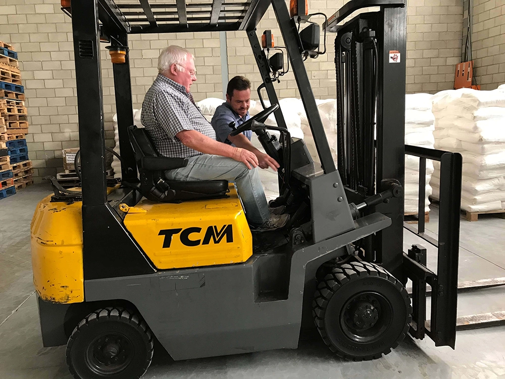 Les Williamson testing out the new forklift